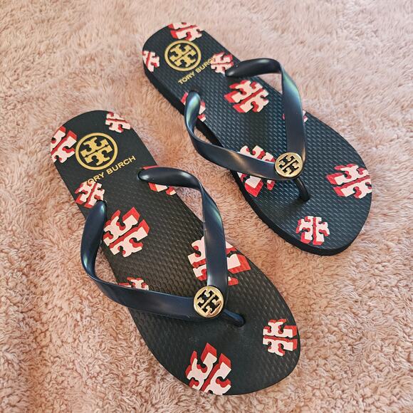 Tory Burch Navy Pink Red Flip Flops Sz 7 - Picture 1 of 6